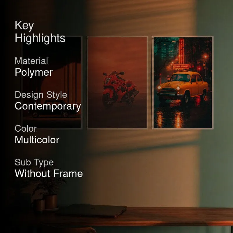 Lifestyle view of three multicolour automotive posters with key highlights text