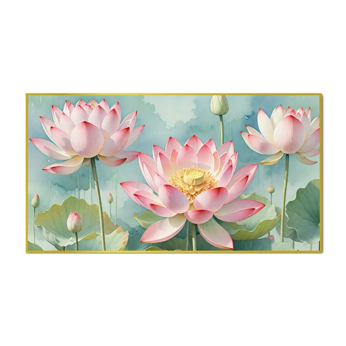 Rectangular lotus floral wall painting with gold frame on white background