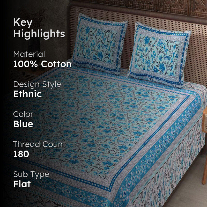 Nagumo Floral Cotton Bedsheet (Blue) - 180 TC media 2