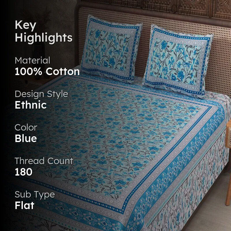Nagumo Floral Cotton Bedsheet (Blue) - 180 TC media 2