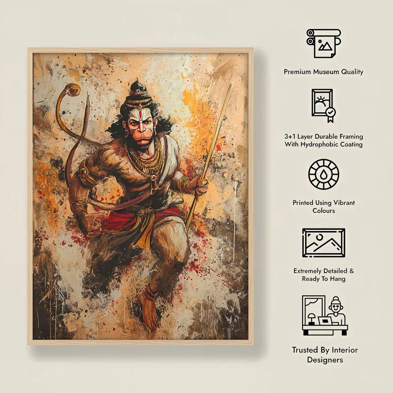 Hanuman Ji Warrior Form Archival Paper Wall Art - Natural Brown Frame media 8
