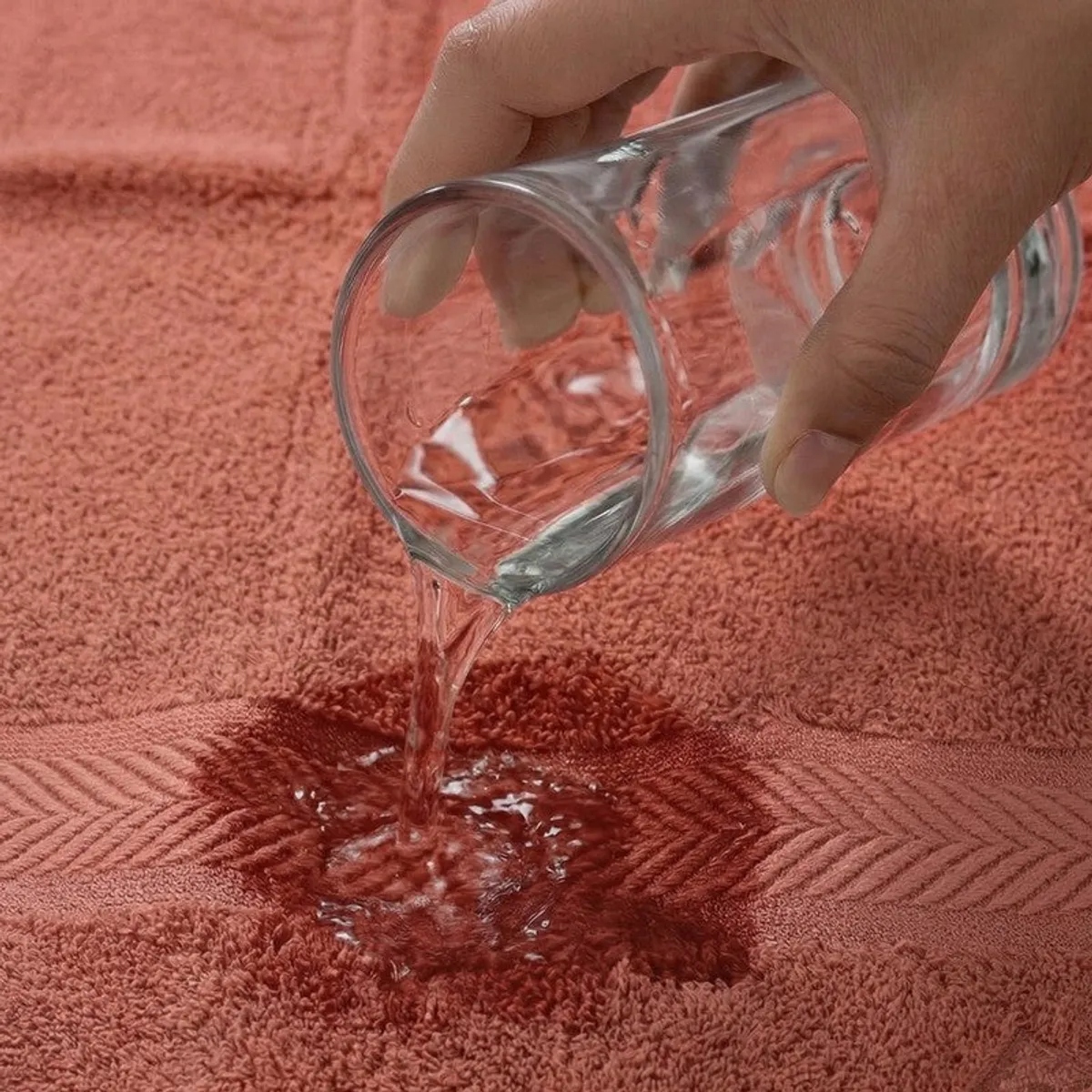 Water poured onto the absorbent textured surface of a peach bath towel.