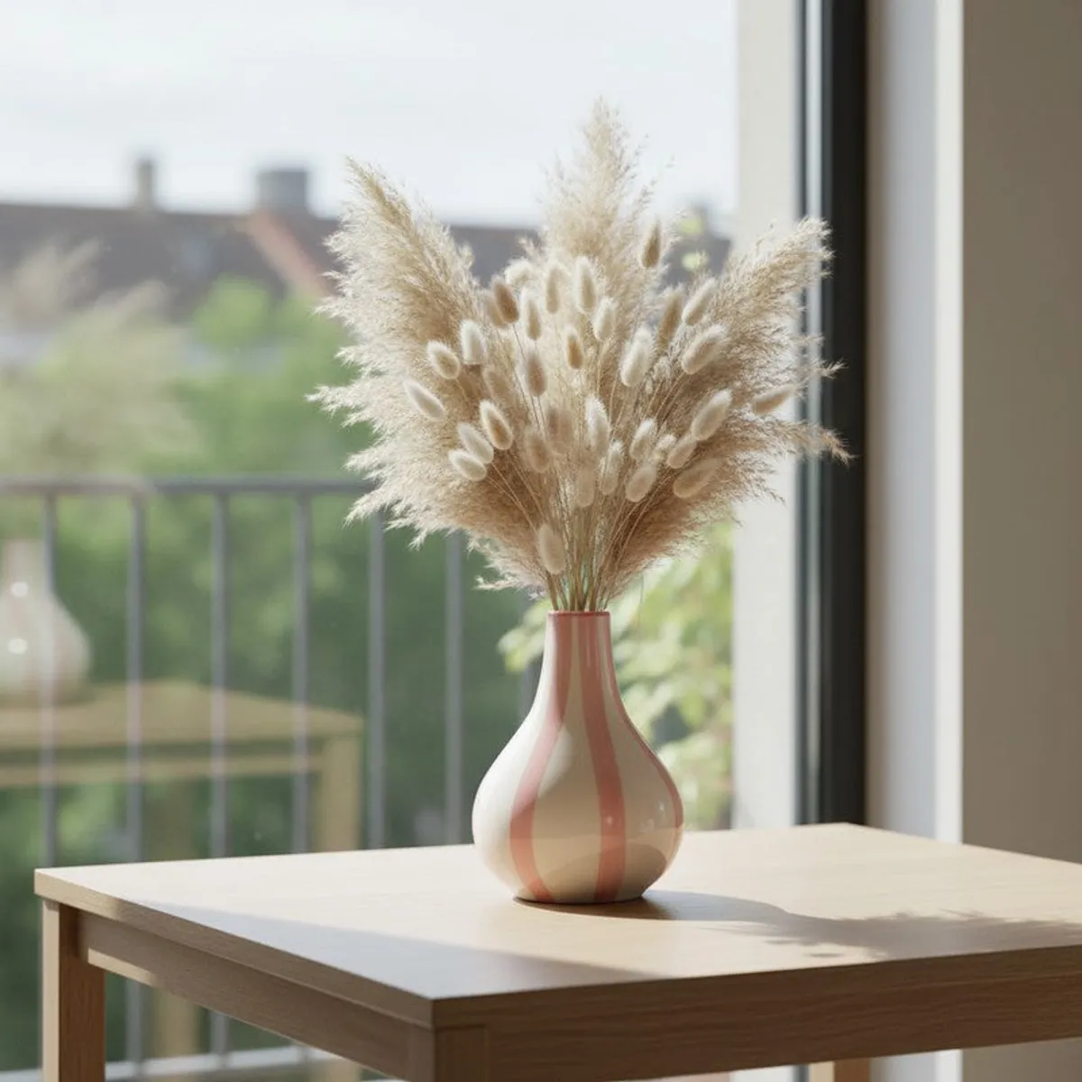 Ceramic striped vase with dried stems on a table near a balcony window