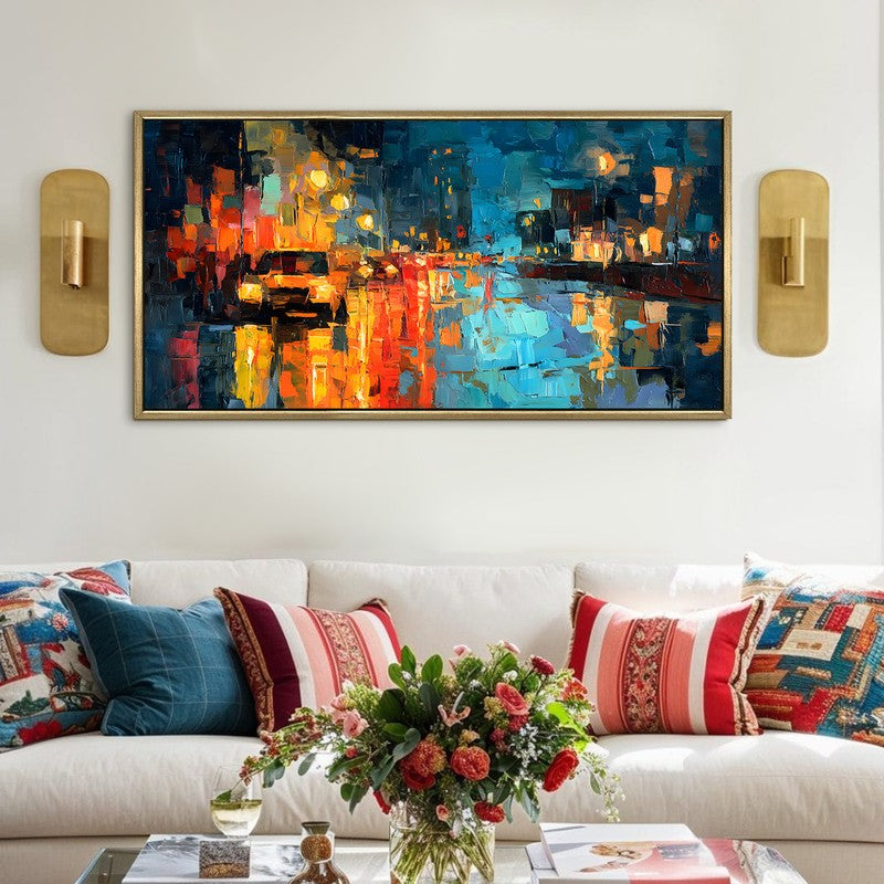 Neon Reflections Canvas Wall Painting With Frame