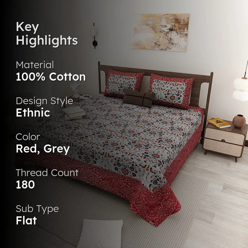 Aasiya Ethnic Cotton Bedsheet (Grey,Red) - 180 TC media 2