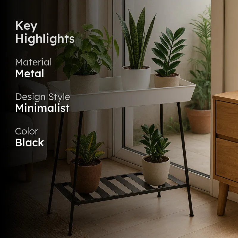 Black and white two-tier planter stand with key material and design details