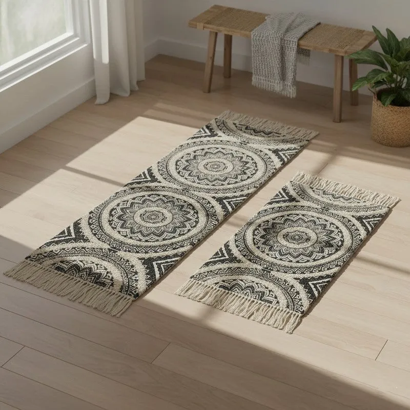 Mandala Cotton Runner Rug (Black) - Set of Two media 1