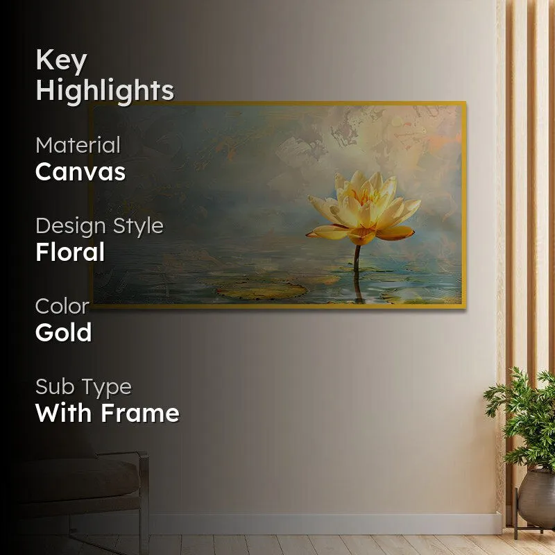 Luminous Lotus Floral Canvas Wall Painting With Frame - Gold media 2