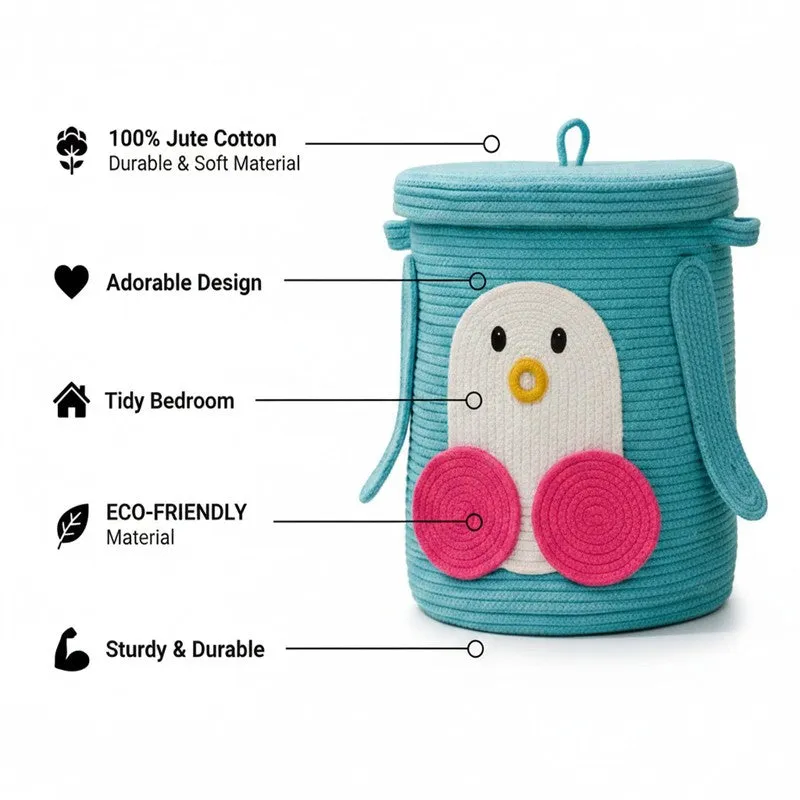Blue penguin storage basket shown with feature callouts on a white background