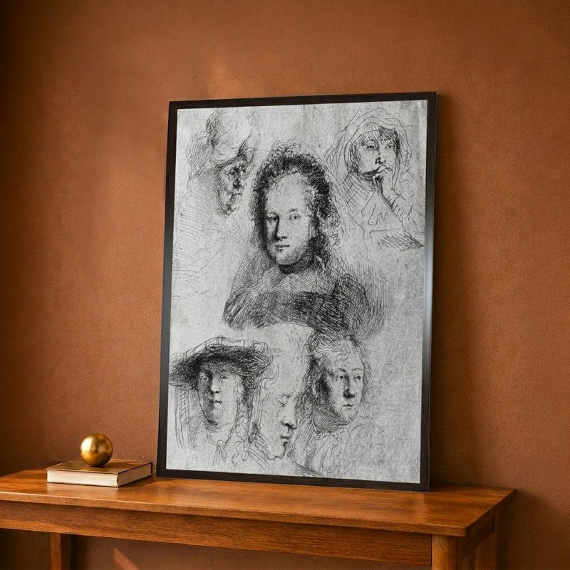Six Heads With Saskia Van Uylenburgh In The Centre 1636 Canvas Wall Painting - 9 x 12 Inches