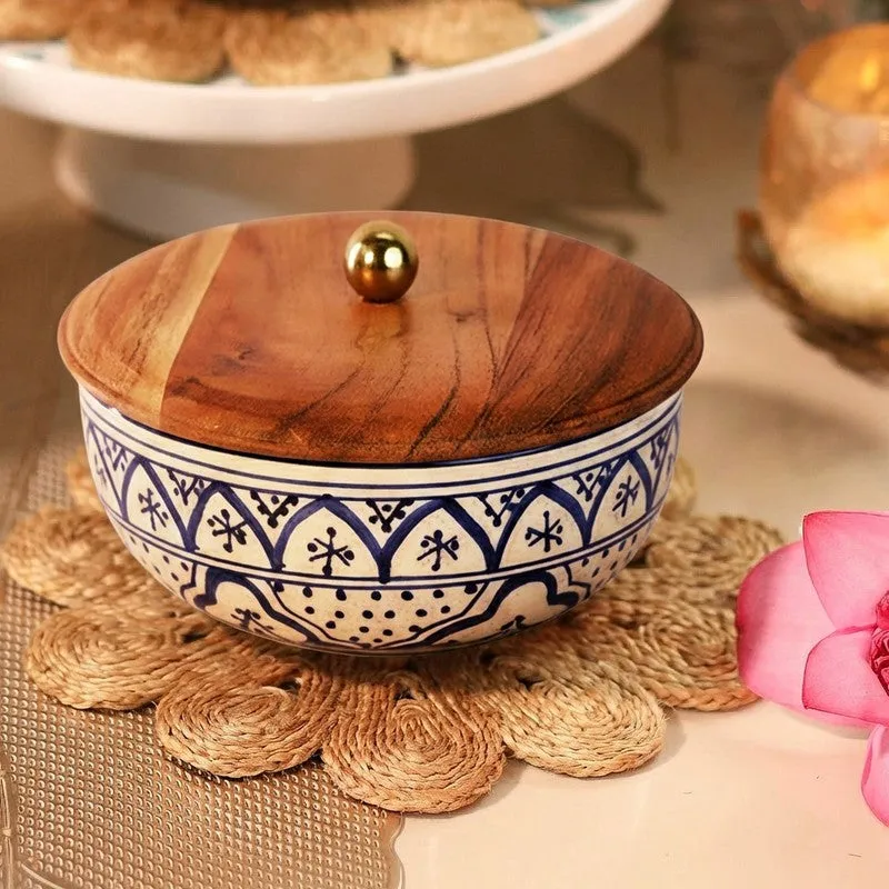 Tidal Ocean Bloom Ceramic Bowl with Mango Wood Lid - 750 mL media 4