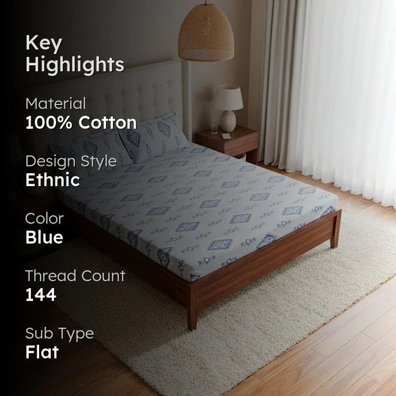 Lisha Ethnic Cotton Bedsheet (Blue) - 144 TC media 2