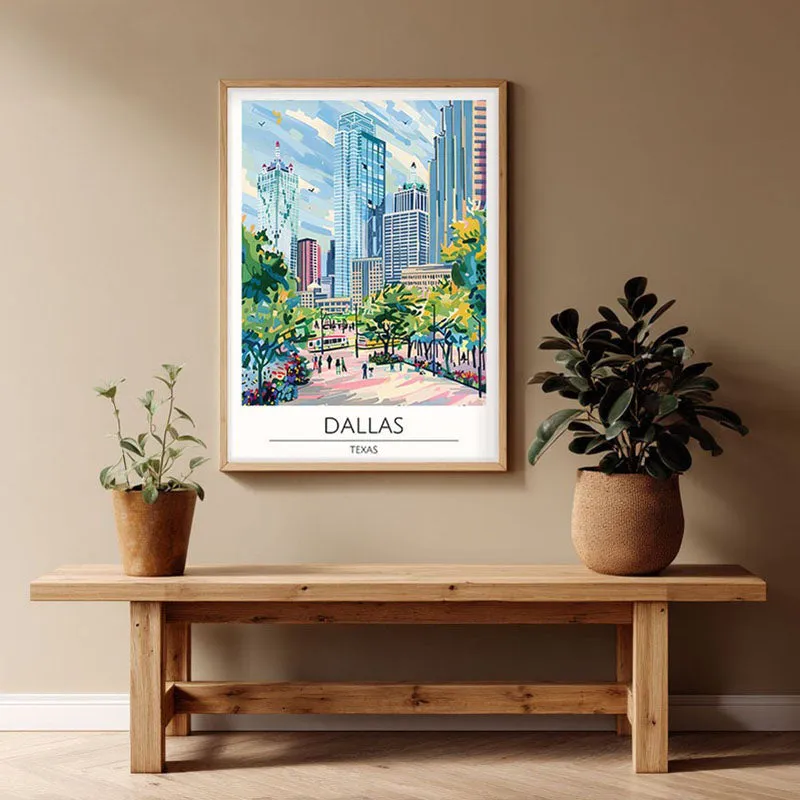 Vintage Dallas Framed Canvas Archival Canvas Wall Painting - Natural Brown Frame media 1