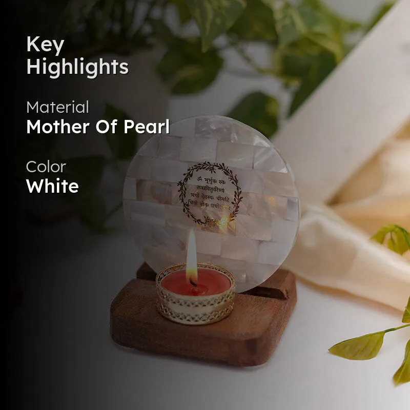 Nacre Gayatri Mantra Mother Of Pearl Religious Tea Light Holder media 2