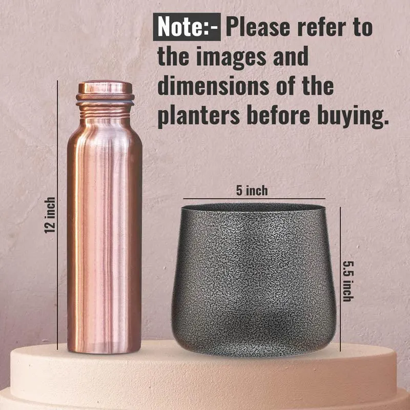 Silver rounded planter shown beside a bottle for size comparison
