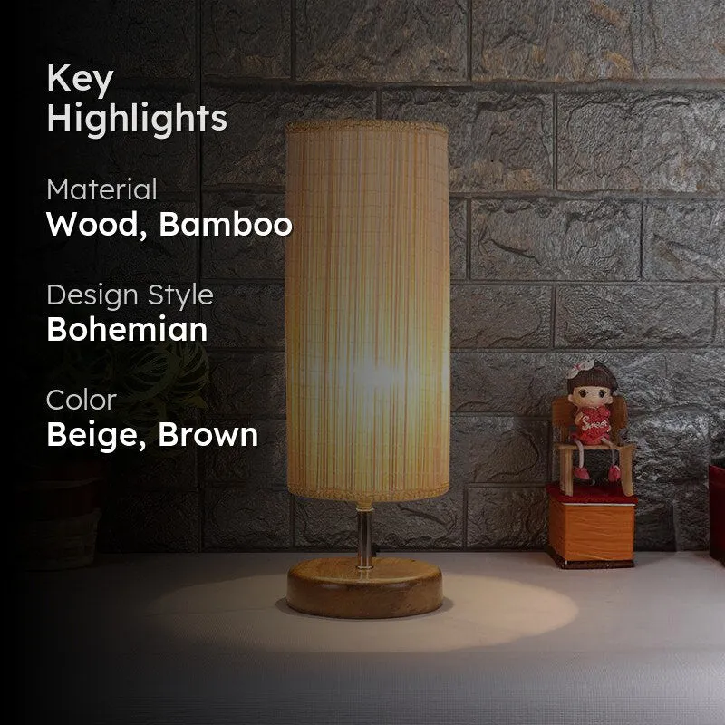 Hisha Wooden Table Lamp With Cylinder Bamboo Shade - Beige,Brown media 2