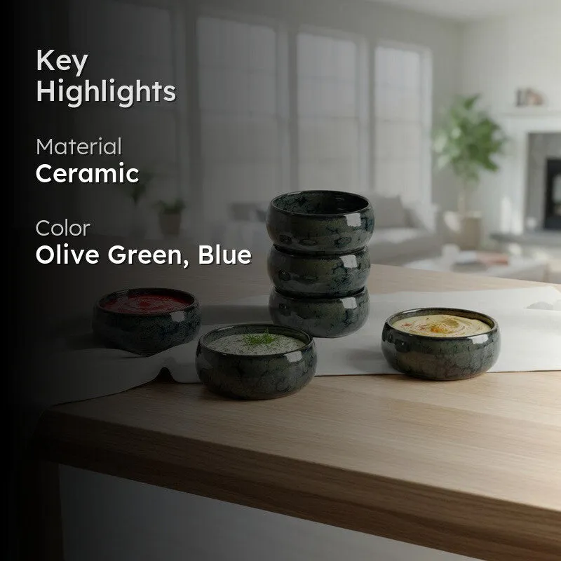 Mystique Handcrafted Ceramic Dip Bowls (Olive Green,150 mL) - Set Of Six media 2