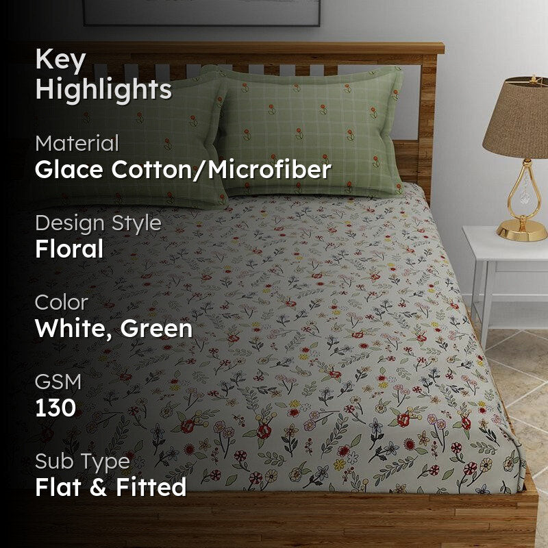 Fleur Floral Microfiber Bedsheet (White & Green) - 130 GSM media 2
