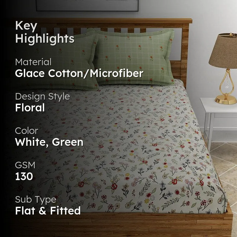 Fleur Floral Microfiber Bedsheet (White & Green) - 130 GSM media 2
