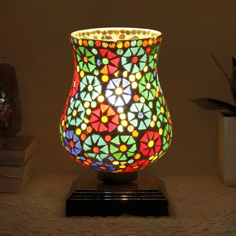 Glowzen Mosaic Glass Table Lamp With Wooden Base - Multicolor