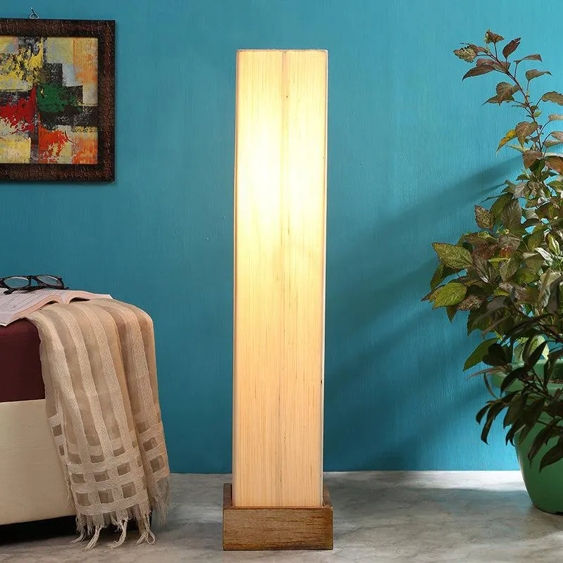 Aamiya Wooden Tower Floor Lamp With Khadi Shade- Off-White media 1