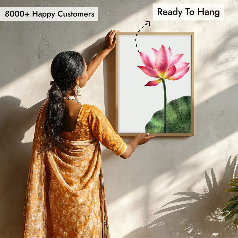 Painted Lotus Archival Paper Wall Art  - Natural Brown Frame media 8