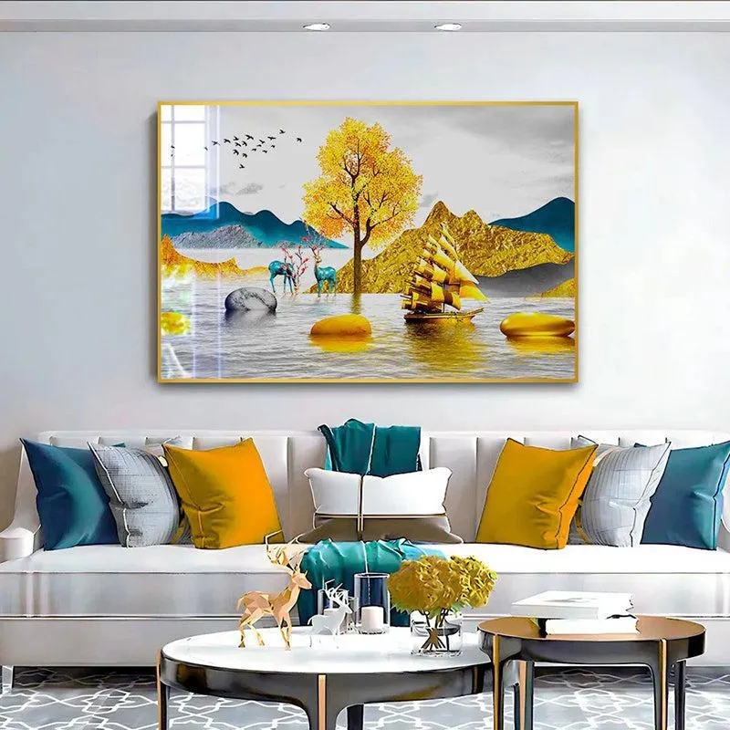 Gilded Waters Modern Canvas Wall Art With Frame - Gold media 1
