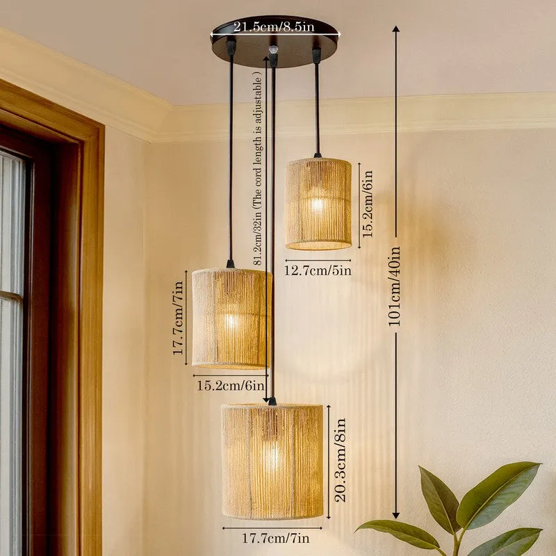 Dimension graphic showing the hanging clustered raffia ceiling lamp