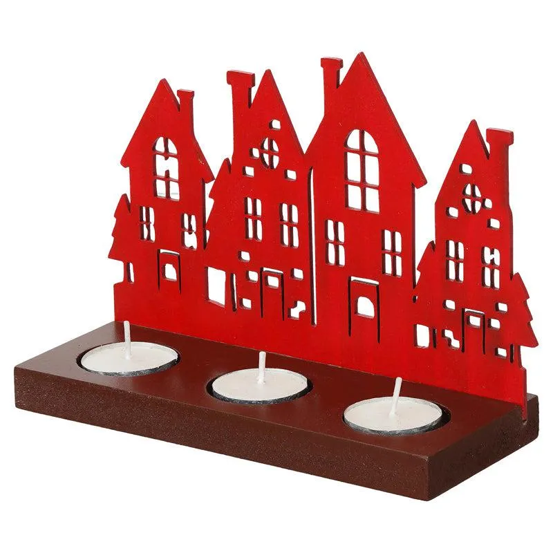 Holiday Village Wood Christmas Tea Light holder - Red media 6