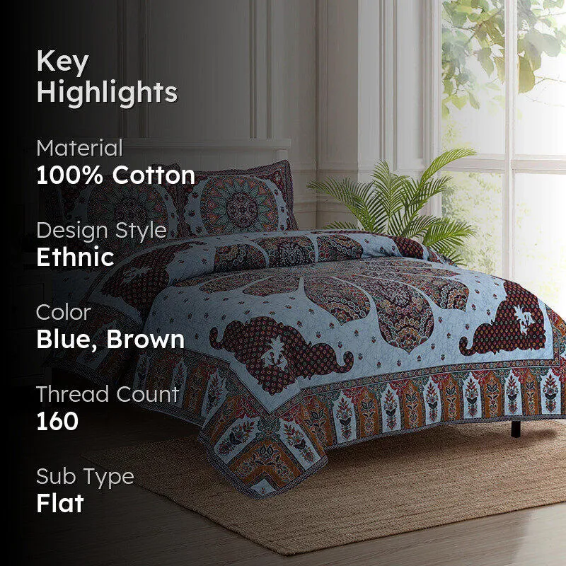 Jalandhara Ethnic Cotton Bedsheet (Blue,Brown) - 160 TC media 2