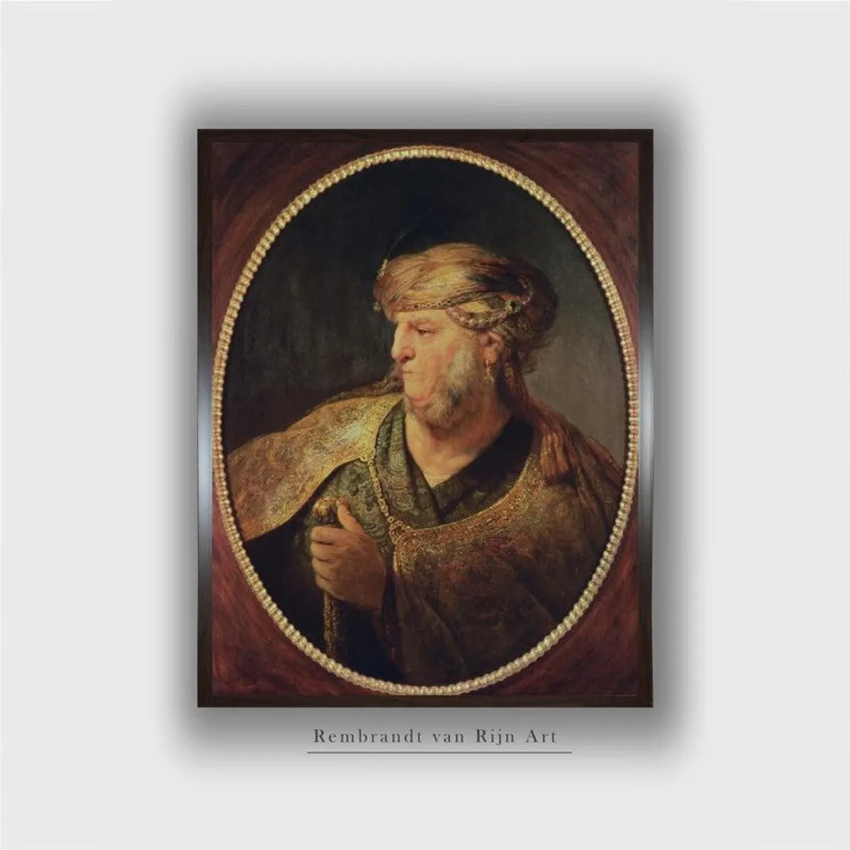 Front view of framed portrait wall painting on a white background