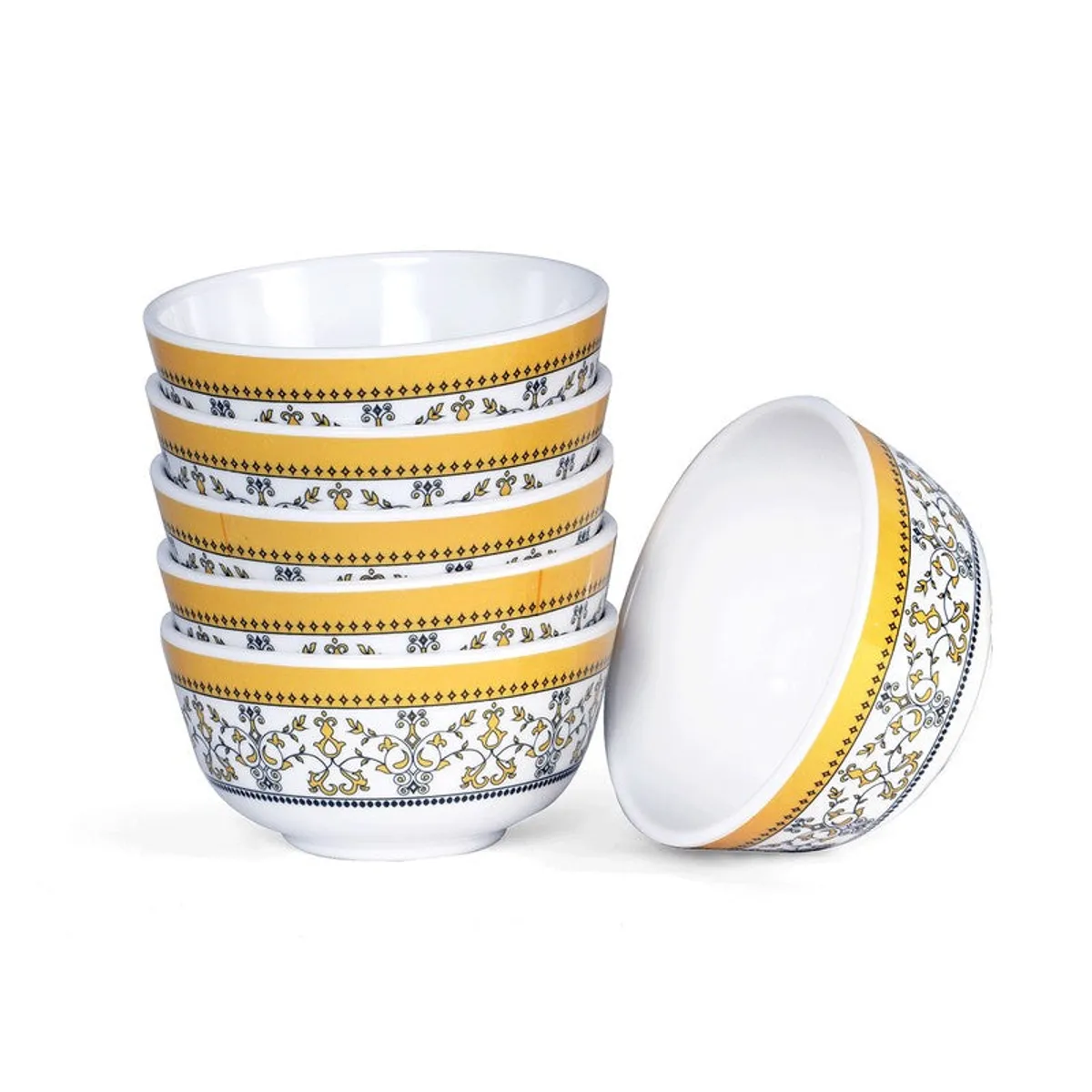 Six yellow and white patterned snack bowls, including one placed on its side.