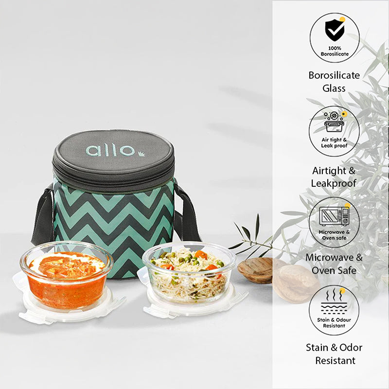 Oliva Round Glass Lunch Box With Zigzag Lunch Bag (400 ML) - Three Piece Set