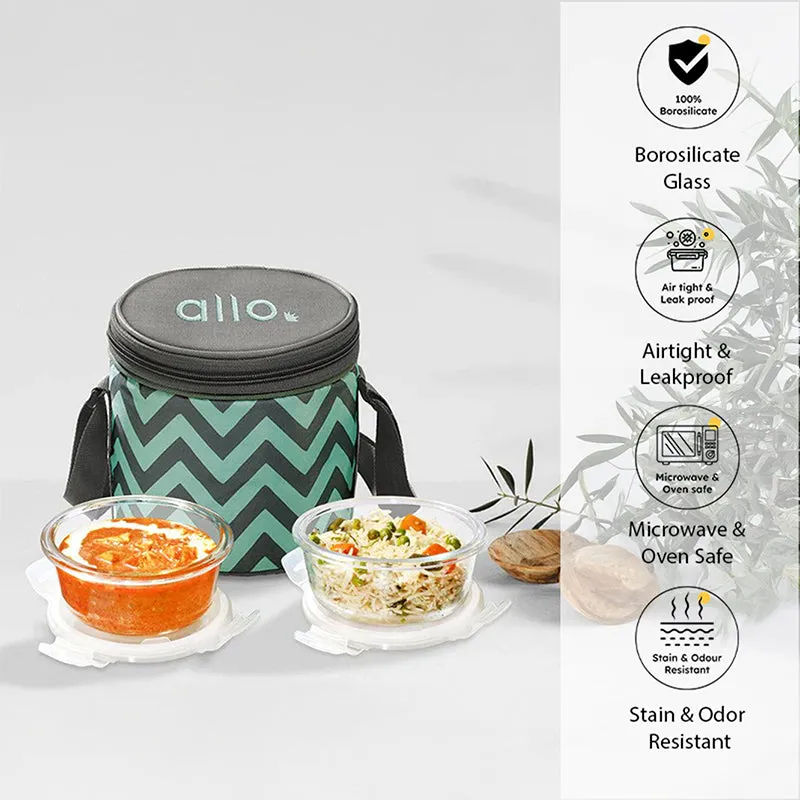Oliva Round Glass Lunch Box With Zigzag Lunch Bag (400 ML) - Three Piece Set media 1