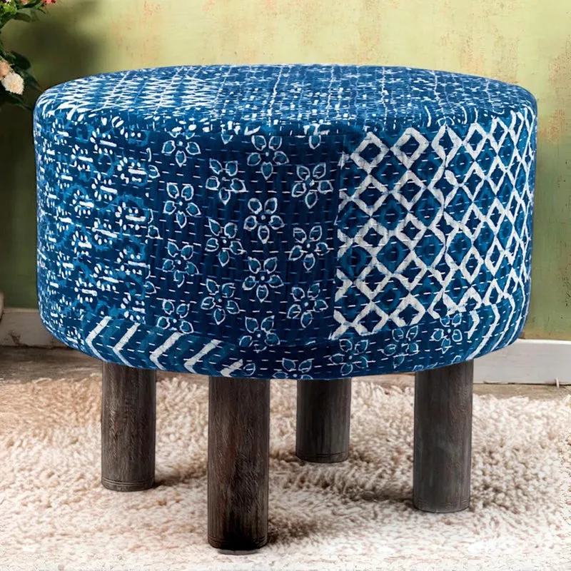 Pverix Acacia Wooden Ottomans - Blue media 1