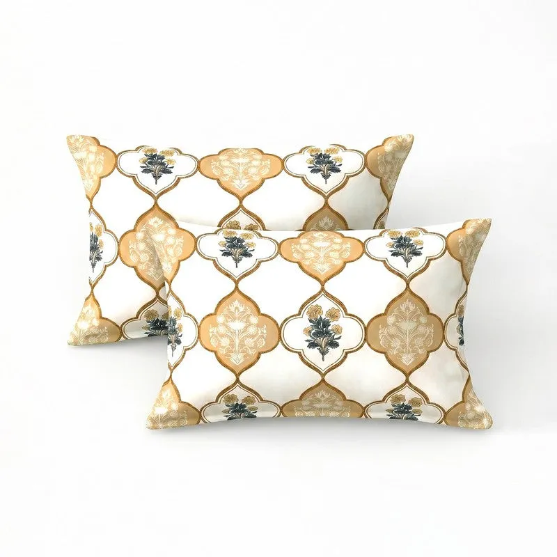 Two matching pillow covers in yellow and off-white print