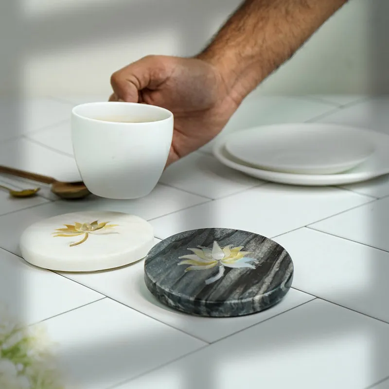 Lotus Marble Coaster With Mother Of Pearl Inlay (White, Grey) - Set Of Two media 4