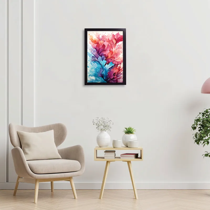 Abstract framed wall art displayed above a side table in a living room