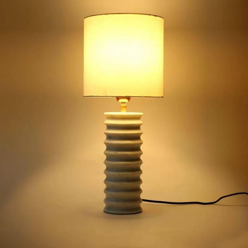 Spiral Hand Crafted Marble Fabric Table Lamp - White media 1