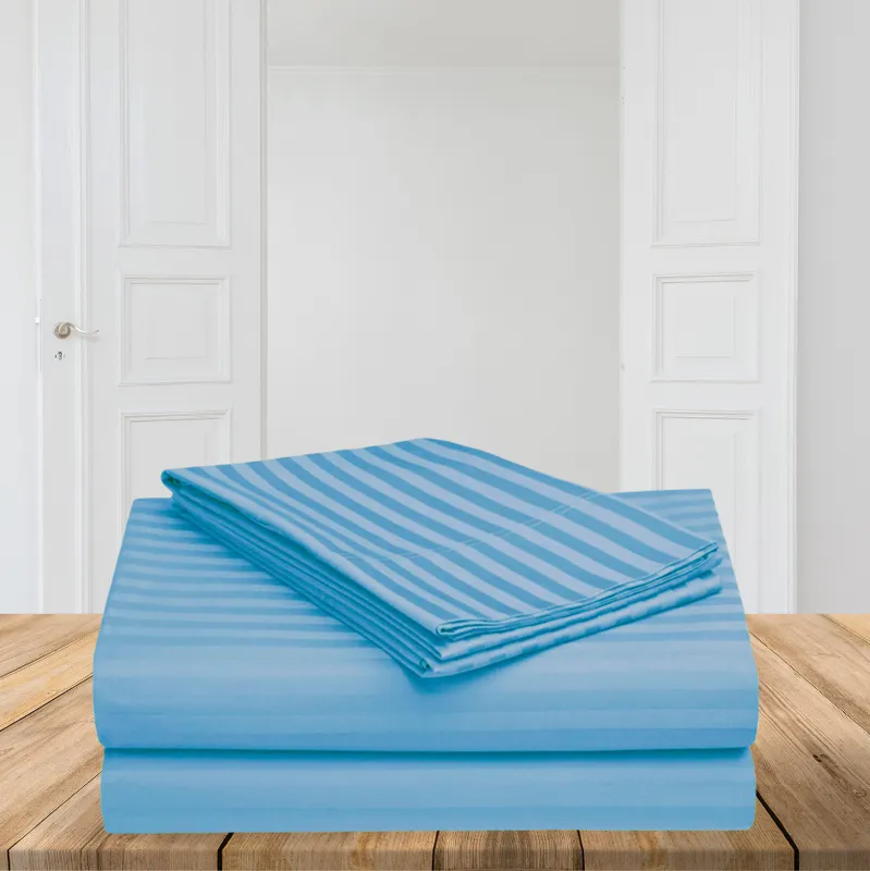 Le Coton Striped Solid Cotton Bedsheet (Sky Blue) - 250 TC media 5