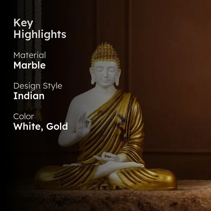White and gold Buddha idol with key highlights graphic overlay