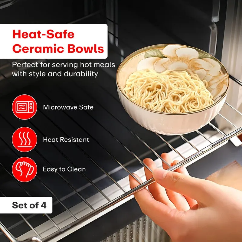 Floral ceramic bowl holding noodles inside a microwave
