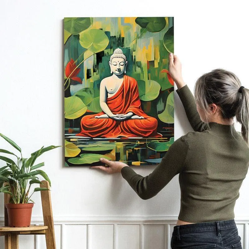 Buddha Bless Canvas Wall Painting - Green & Orange media 4
