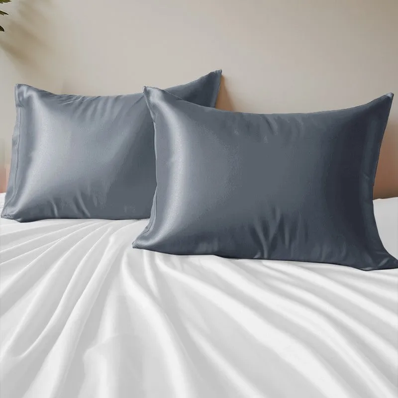 SilkenAura Satin Pillow Cover with a Scrunchy (Grey) - Set Of Two media 1