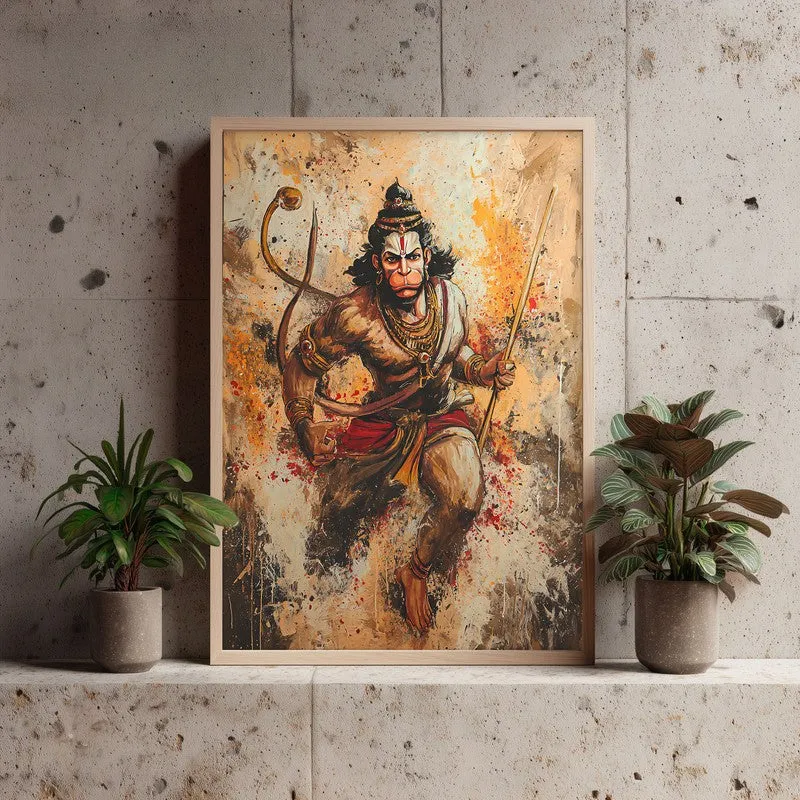 Hanuman Ji Warrior Form Archival Paper Wall Art - Natural Brown Frame media 3