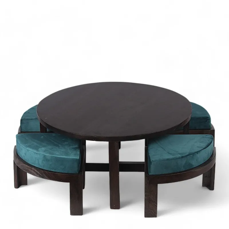 Ixeron Sheesham Wooden Center Table with Stools and Cushions (Blue) - Nine Piece Set media 5