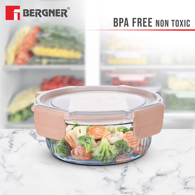 Bergner glass tiffin with peach clamps shown in a kitchen setting