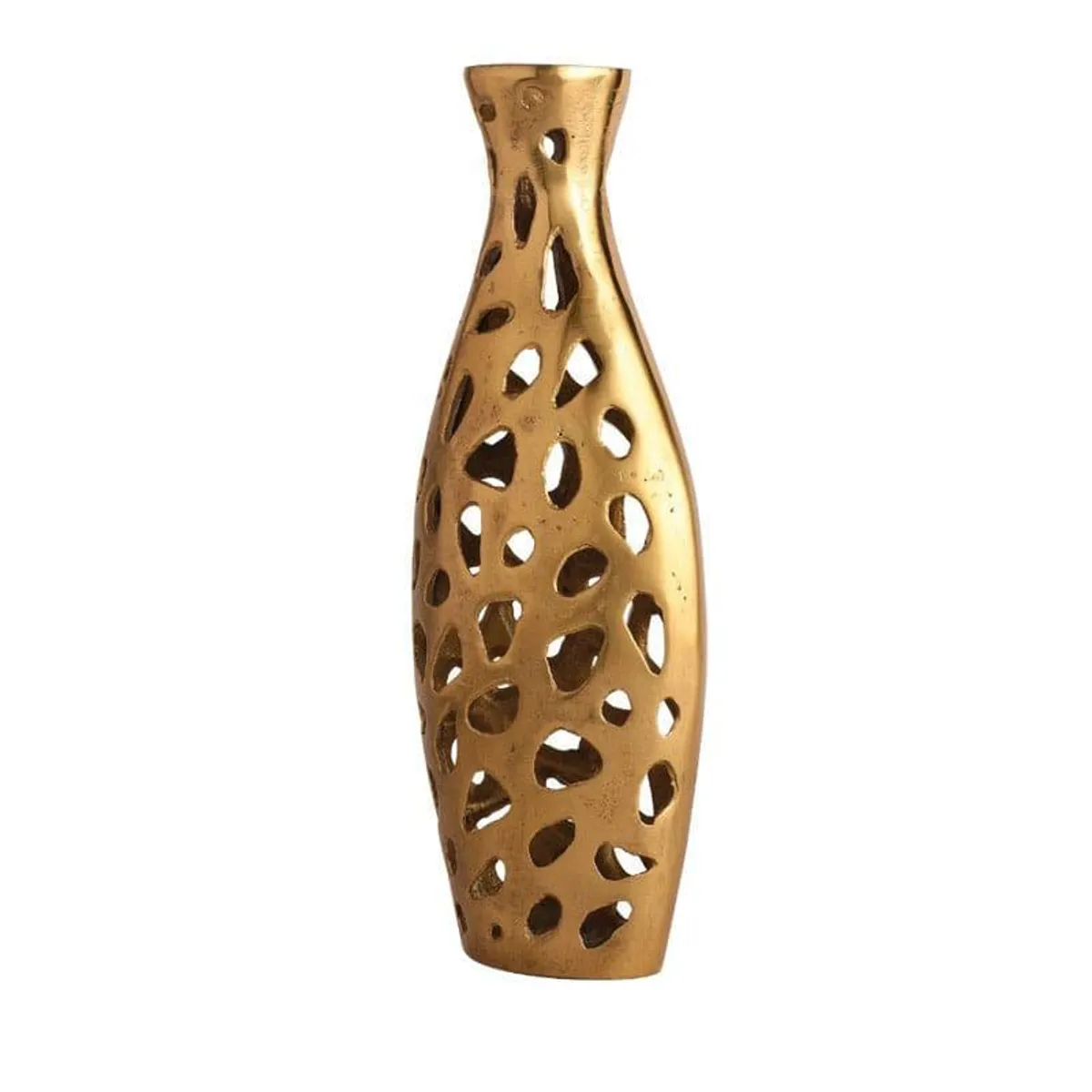 Front view of a gold cutout metal vase