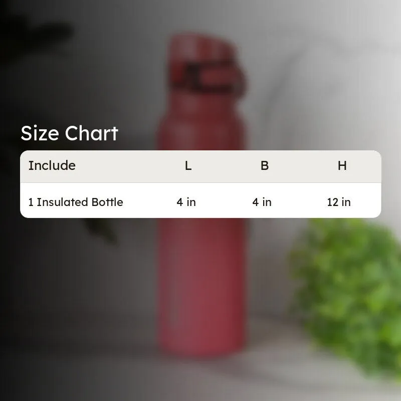 Red bottle shown beside a size-chart graphic
