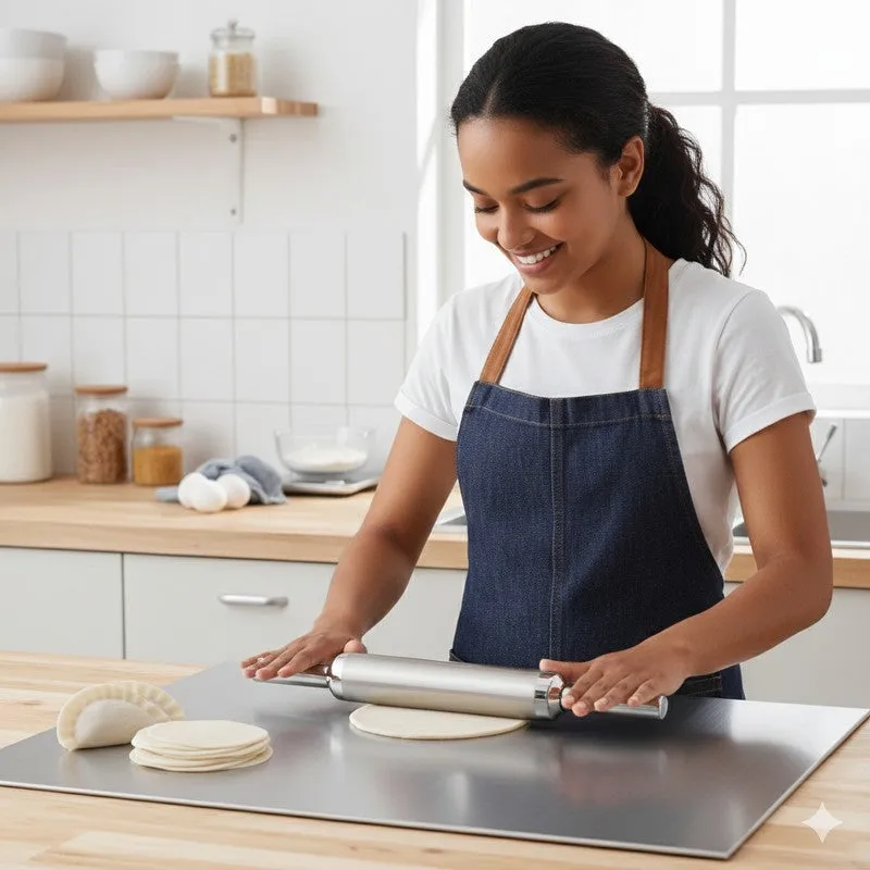 Person using a steel rolling pin on a large silver board in a kitchen